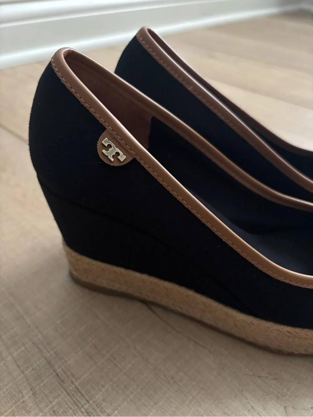 Tory Burch Majorca Black Canvas and Brown Leather Peep Toe Wedge Espadrille